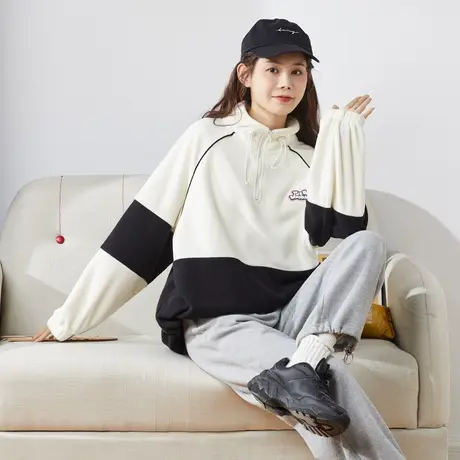 唐狮摇粒绒外套女春秋新款拼接套头宽松韩版学生外穿上衣潮图片