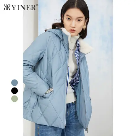 *YINER音儿奥莱女装冬季时尚气质纯色羊皮羽绒图片