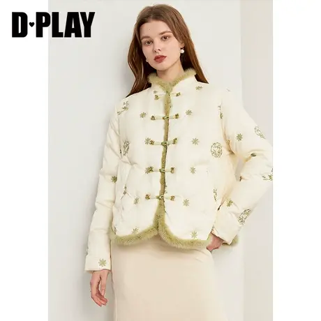 DPLAY2023年冬新中式白色立领重工花卉刺绣短款羽绒服图片