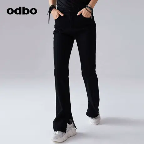 odbo/欧迪比欧原创设计时尚黑色牛仔裤女夏季新款开叉直筒裤图片