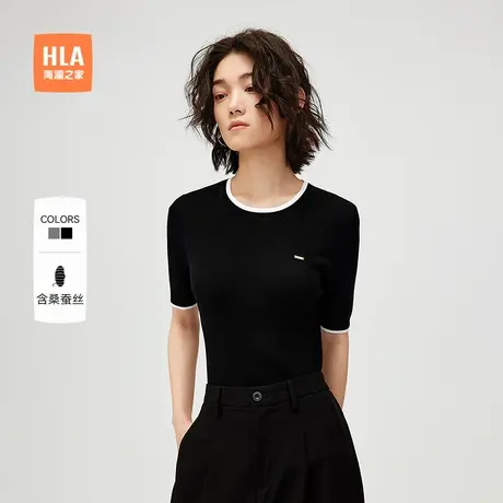 HLA/海澜之家柔软短袖针织衫25夏季新含桑蚕丝圆领薄款上衣女装图片