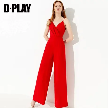 DPLAY德帕拉夏新品欧美红色V领木耳边高腰气质阔腿吊带连体裤图片