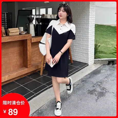 2023夏装新款大码女装显瘦妹妹胖MM连衣裙假两件拼接短袖A字裙子图片