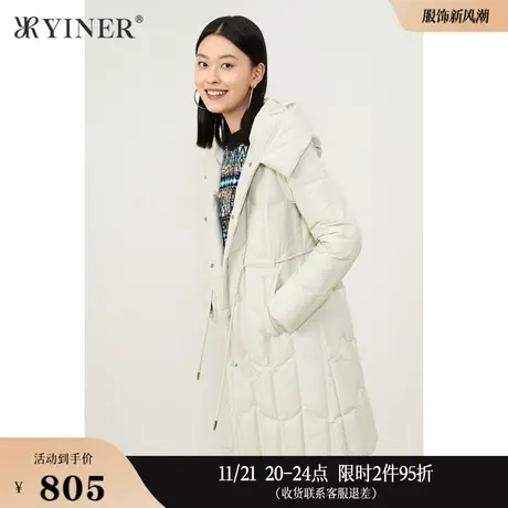 YINER音儿线上专选女装冬季中长款抽绳收腰连帽保暖白鸭绒羽绒服图片