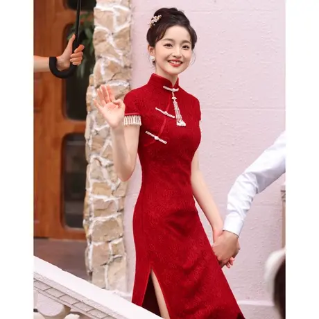 红色蕾丝旗袍敬酒服新娘中式结婚订婚礼服女红色连衣裙夏季高级感图片