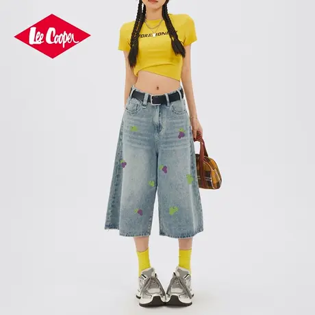 Lee Cooper/李库珀 复古涂鸦牛仔短裤女士夏季水洗做旧阔腿七分裤图片