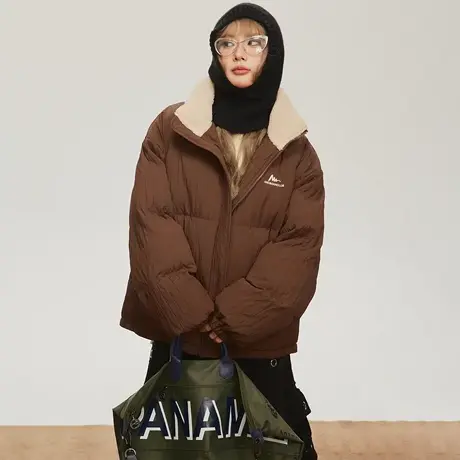 纯色潮牌拼接保暖棉服女冬季加厚外套2023新款复古宽松面包服棉衣图片