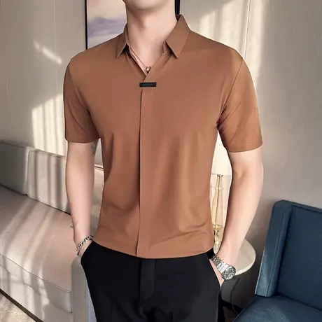 套头衬衫领T恤男短袖高弹腔调V领半袖POLO衫夏季冰丝无痕翻领T恤商品大图