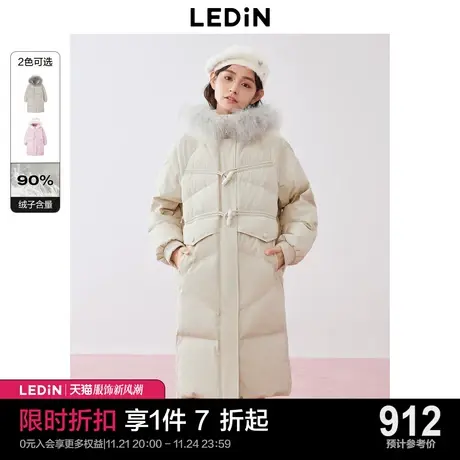 乐町插肩袖毛领羽绒服冬季新款牛角扣过膝长款宽松厚羽绒外套图片