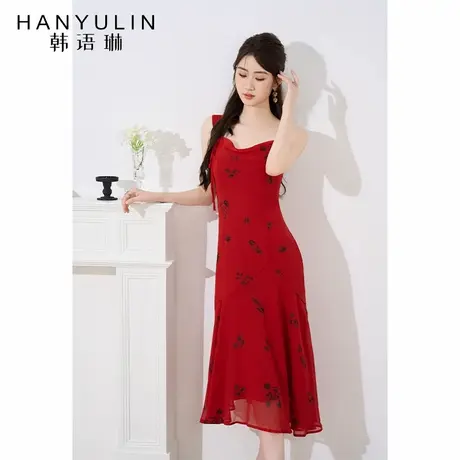 红色吊带裙气质连衣裙2025新款女夏季法式收腰小众中长款修身裙子图片