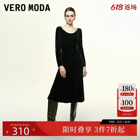 Vero Moda连衣裙女24秋鱼尾裙丝绒光泽感低圆领小香风链条气质图片