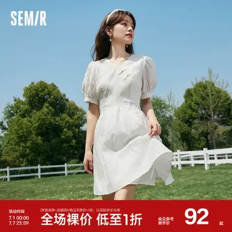 森马连衣裙女泡泡袖盘扣国风复古2023新款夏显瘦v领裙子国潮时尚图片