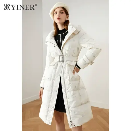 YINER音儿奥莱女装冬季长款绣花系带连帽羽绒服图片