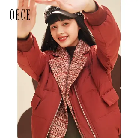 Oece冬新款女复古小香风织花呢假两件短款羽绒服外套图片