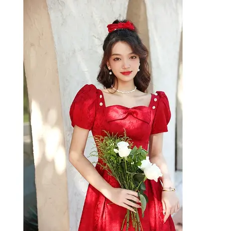 敬酒服新娘高级感酒红色订婚礼服法式蝴蝶结连衣裙小个子平时可穿图片