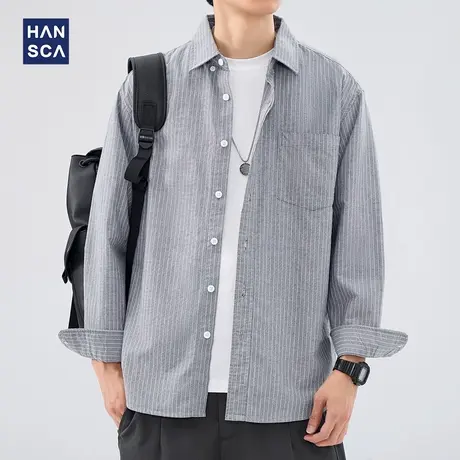 hansca条纹衬衫男士长袖秋季高级感纯棉宽松潮牌痞帅翻领衬衣外套图片