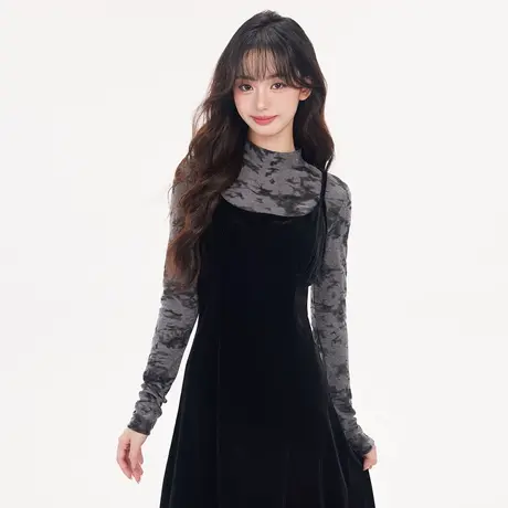 尔给法式修身吊带连衣裙女秋冬新款修身显瘦长款裙子图片
