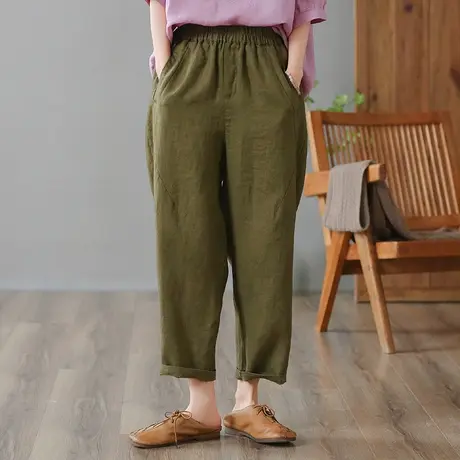 dza 高腰显瘦亚麻休闲裤女2023夏季薄款直筒阔腿裤宽松棉麻哈伦裤图片