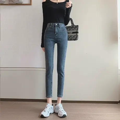 蓝灰高腰女士牛仔裤女2023年春秋装新款修身显瘦弹力紧身小脚九分图片