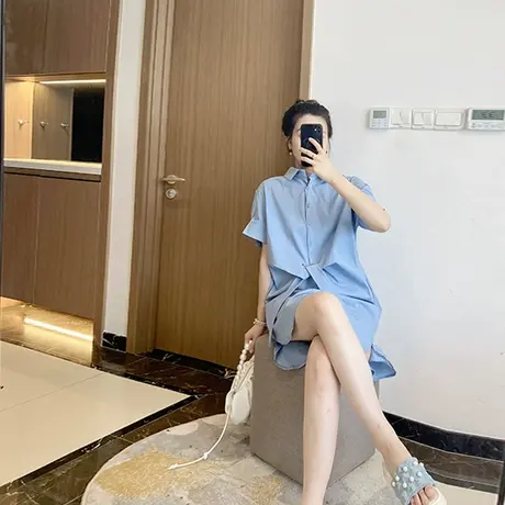 蓝色韩式休闲夏季大码女装衬衫连衣裙胖mm遮肚显瘦宽松2024年新款图片
