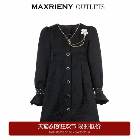 【奥莱】MAXRIENY压褶肌理感公主裙秋季喇叭袖收腰连衣裙小黑裙子图片
