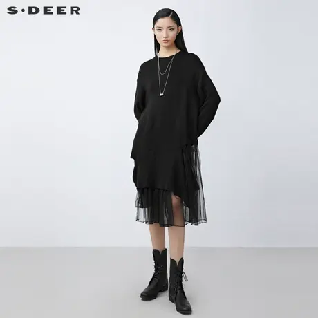 sdeer圣迪奥2021新品罗纹圆领不规则网纱拼接针织连衣裙S21481214图片
