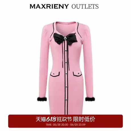 【奥莱】MAXRIENY复古小香风毛织连衣裙立体蝴蝶结修身裙子图片