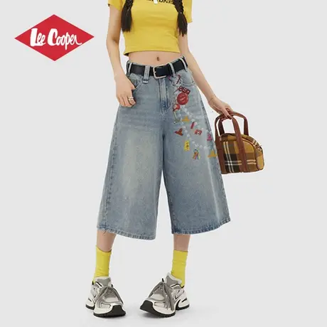 Lee Cooper/李库珀 复古涂鸦牛仔短裤女士夏季水洗做旧阔腿七分裤图片