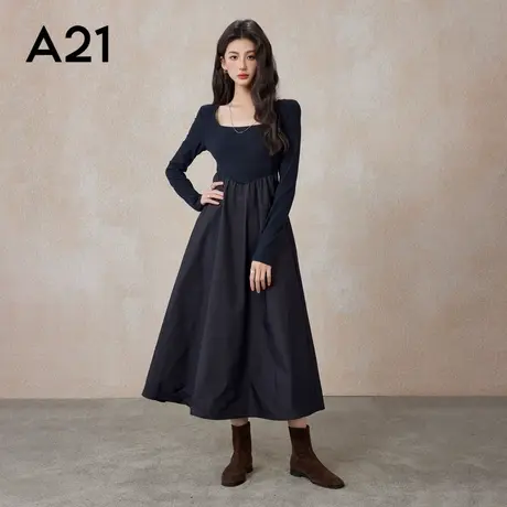 a21女装a字型显瘦长裙女秋冬季新款休闲小黑裙收腰黑色连衣裙子图片