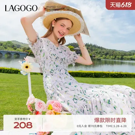 LAGOGO南法度假风V领连衣裙女拉谷谷夏季新款甜美泡泡袖碎花A字裙图片