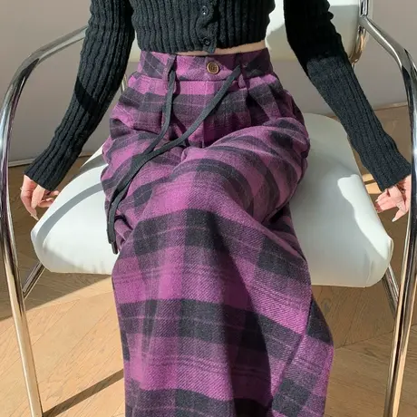 紫色格子裤子女秋冬款毛呢裤加厚休闲裤女裤直筒阔腿裤女宽松长裤图片