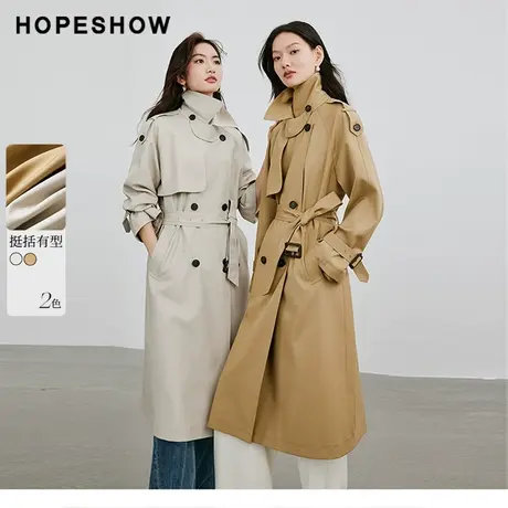 红袖高级卡其双排扣风衣hopeshow2024春新款显瘦简约通勤长款外套图片