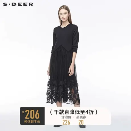 sdeer圣迪奥女装休闲圆领抽褶拼接绣花贴布网纱连衣裙S19481203图片