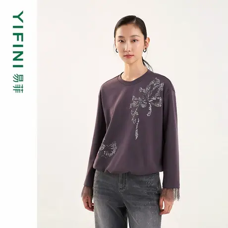 [专柜同款]Yifini/易菲圆领亮片绣花宽松短款卫衣百搭上衣女25春图片