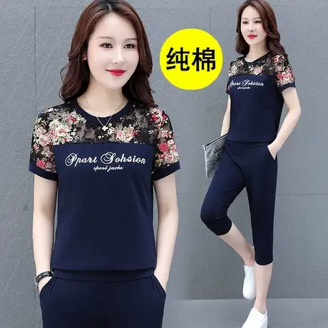 纯棉运动套装女夏季薄款中年妈妈2023年新款七分裤夏装休闲服短袖图片