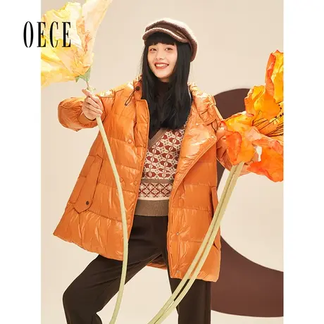 Oece冬装新款女 学院少女复古连帽中长款羽绒服外套图片