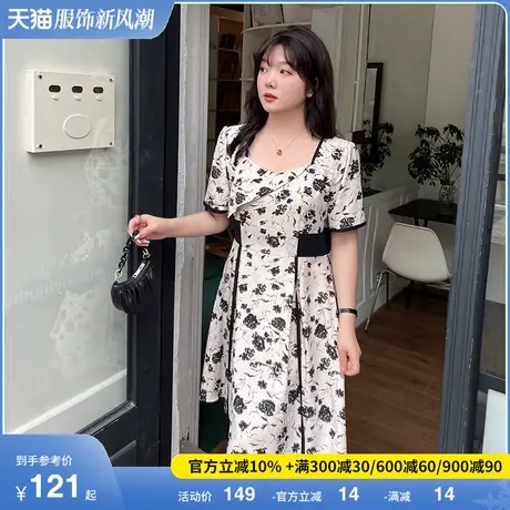 显瘦大码胖MM连衣裙2023新款女装夏季收腰A字气质雪纺碎花裙茶歇图片