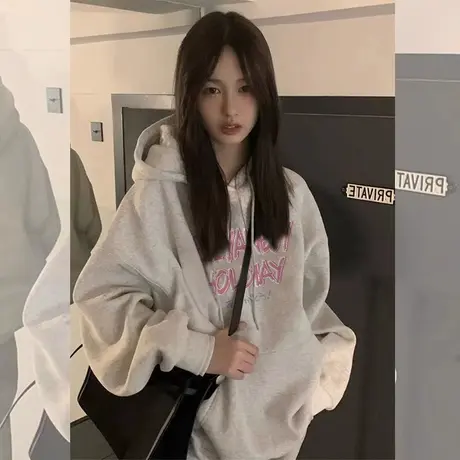美式复古oversize潮牌卫衣女2023春秋薄款宽松慵懒风上衣连帽外套图片