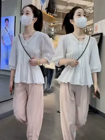 v领七分袖设计感衬衫女2023夏季新款小众宽松棉衬衣韩范拼接小衫图片