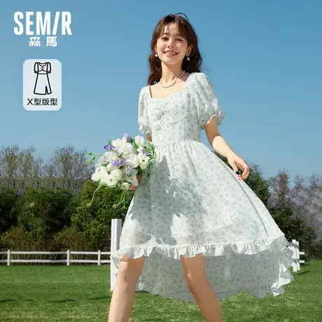 森马连衣裙女时尚甜美风方领大泡泡袖不规则裙子夏季中长款碎花裙图片