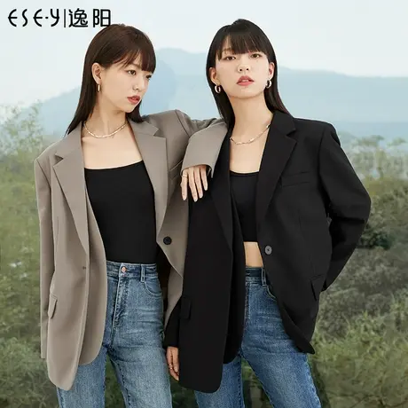 逸阳质感西装外套女士2023秋季新款宽松显瘦通勤气质百搭黑色上衣图片