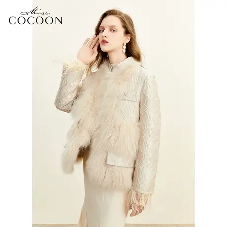 missCOCOON新中式国风提花2023冬装新款女狐狸毛鸵鸟毛结合皮草图片