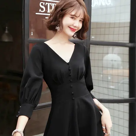 黑色晚礼服裙女宴会高贵v领小礼服赫本风气质名媛显瘦连衣裙短款图片