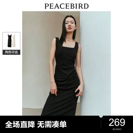 太平鸟方领无袖气质吊带连衣裙春新款收腰抽皱显瘦中长款裙子图片