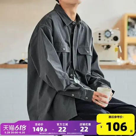 唐狮春秋季新款工装长袖衬衫男士港风日系休闲宽松衬衣外套潮复古图片