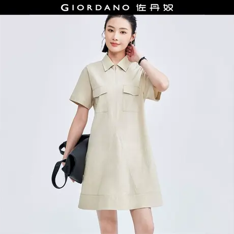 佐丹奴裙子女装工装口袋拉链门筒绑带翻领梭织连衣裙 18464916商品大图