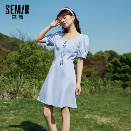 森马连衣裙女夏季气质少女蓝色泡泡袖方领小个子收腰显瘦裙子图片