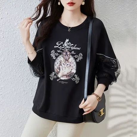 胖妈妈蕾丝网纱拼接长袖卫衣女春秋季宽松加大码女装休闲显瘦上衣图片