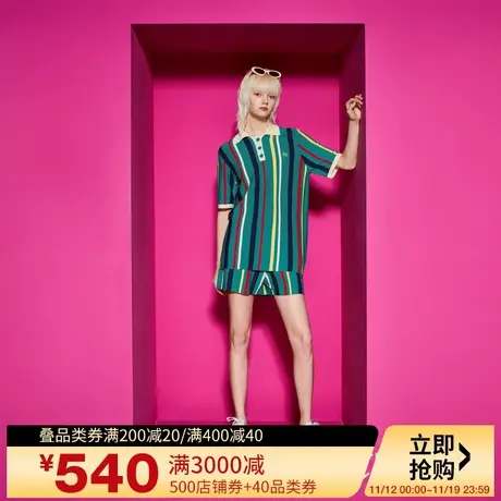 Juicy Couture橘滋23新款盐系彩虹条短袖翻领中长款绣花女针织衫图片
