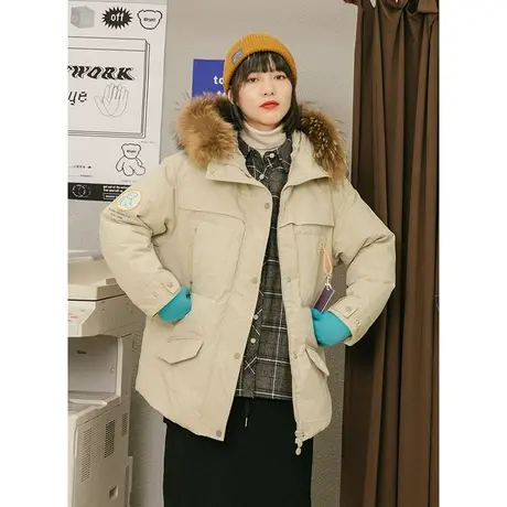 omont蛋挞家 复古修身可拆卸毛领连帽羽绒服女中长款加厚大衣冬季图片